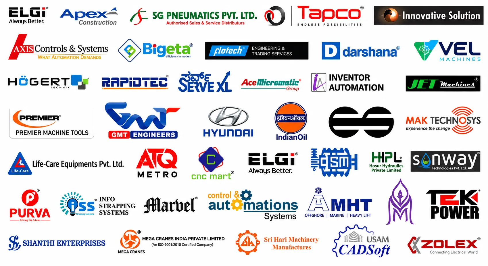 Logos of corporate clients and partner companies that exhibit at INDTEC EXPO, spanning machine tools, automation, electrical, instrumentation and engineering component manufacturers